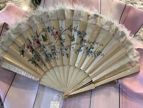 gorgeous antique fan - made of silk and feathers … - image 1