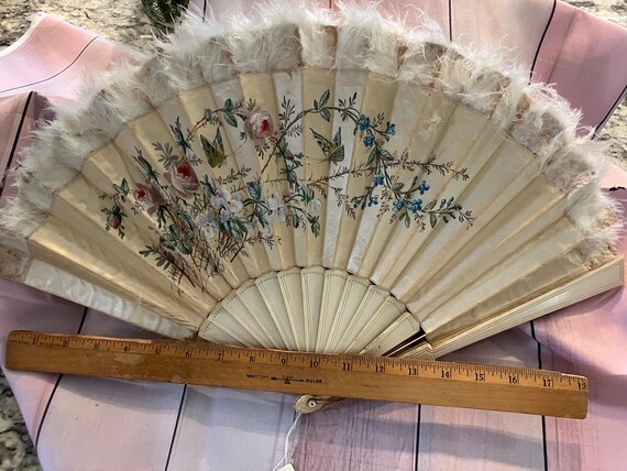 gorgeous antique fan - made of silk and feathers … - image 5