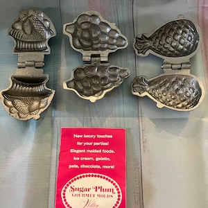 vintage/antique Wilton pewter food molds-pineapple, grapes, fruit basket