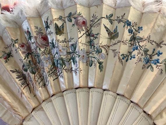 gorgeous antique fan - made of silk and feathers … - image 4