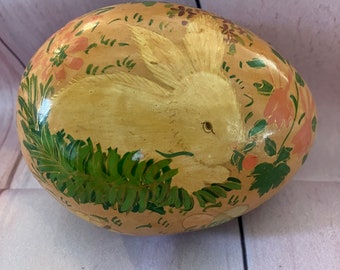 beautiful vintage paper mache egg shaped trinket box with rabbit and flowers