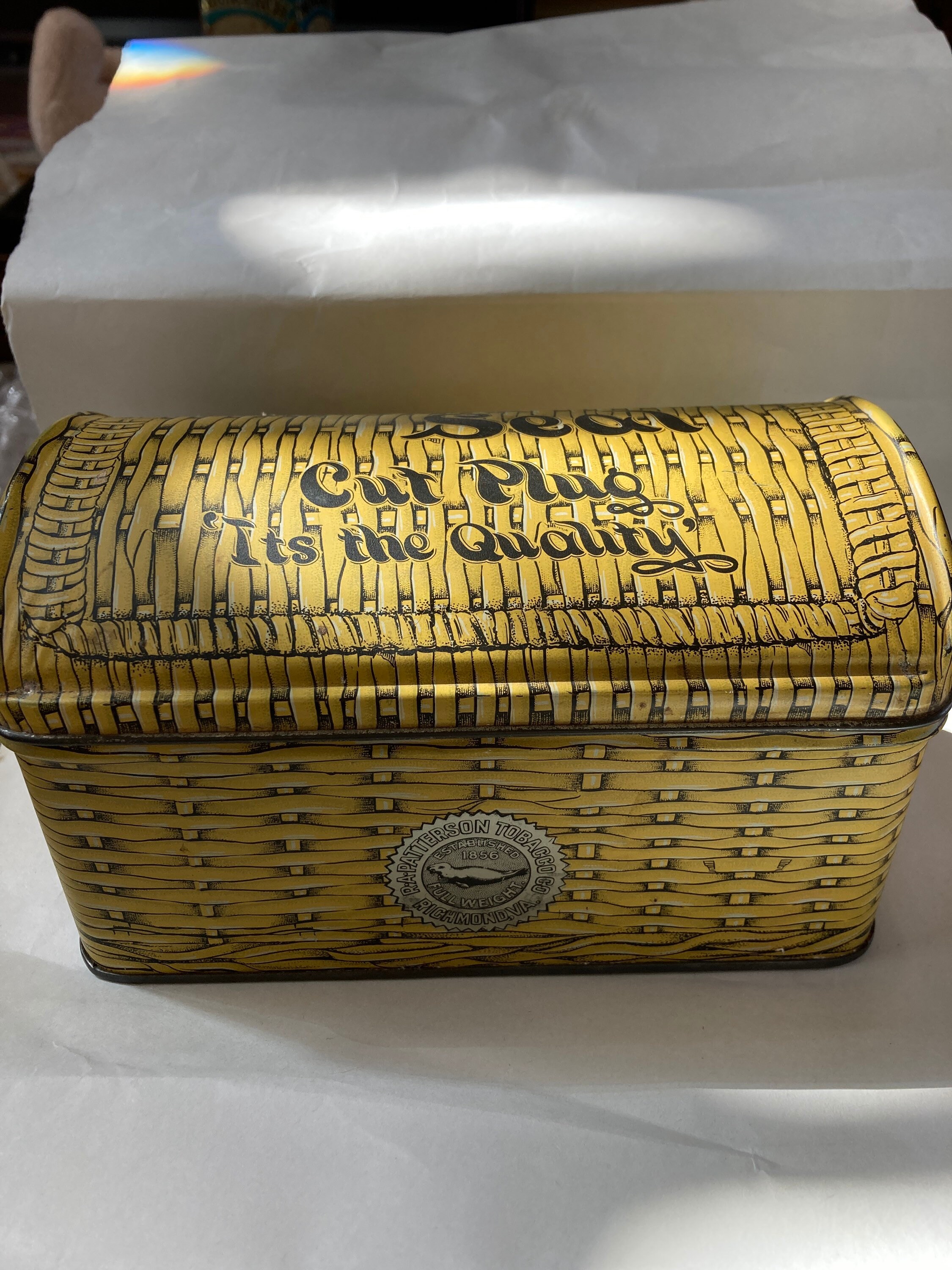 Vintage Tobacco tin basket weave design Patterson’s seal cut plug- yellow