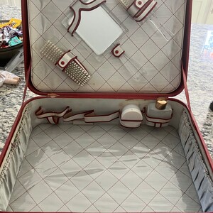 vintage red madler German suitcase childs with original travel brushes, containers, mirror image 2