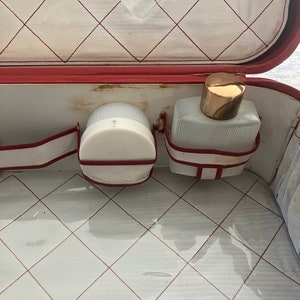 vintage red madler German suitcase childs with original travel brushes, containers, mirror image 5