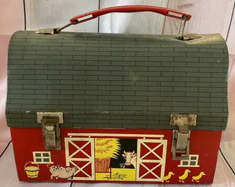 classic vintage thermos tin barnyard dome lunchbox with great graphics