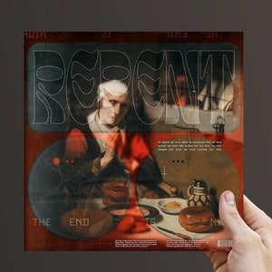 May include: A red and black record album cover with the word "REPENT" in white outlined letters. The cover features a painting of a woman in a red dress with a bowl of food in front of her. The text "THE END" is visible at the bottom of the cover.