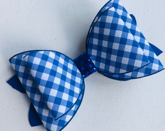 School Hair Bow - Blue Gingham - Handmade - Hair Bow Clip
