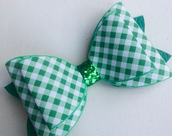 School Hair Bow Clip - Green Gingham - Handmade