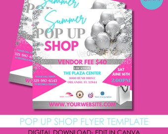 Pop Up Shop Flyer| Premade Flyer| Edit In Canva| D.I.Y| Marketing Event| Social Media Flyer| Silver, Pink