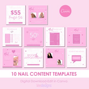 May include: A collection of 10 pink nail content templates. The templates include a price list, style guide, and appointment booking information. The text includes "Freestyle Sets" and "Nail Selfies". The templates are designed to be edited in Canva.
