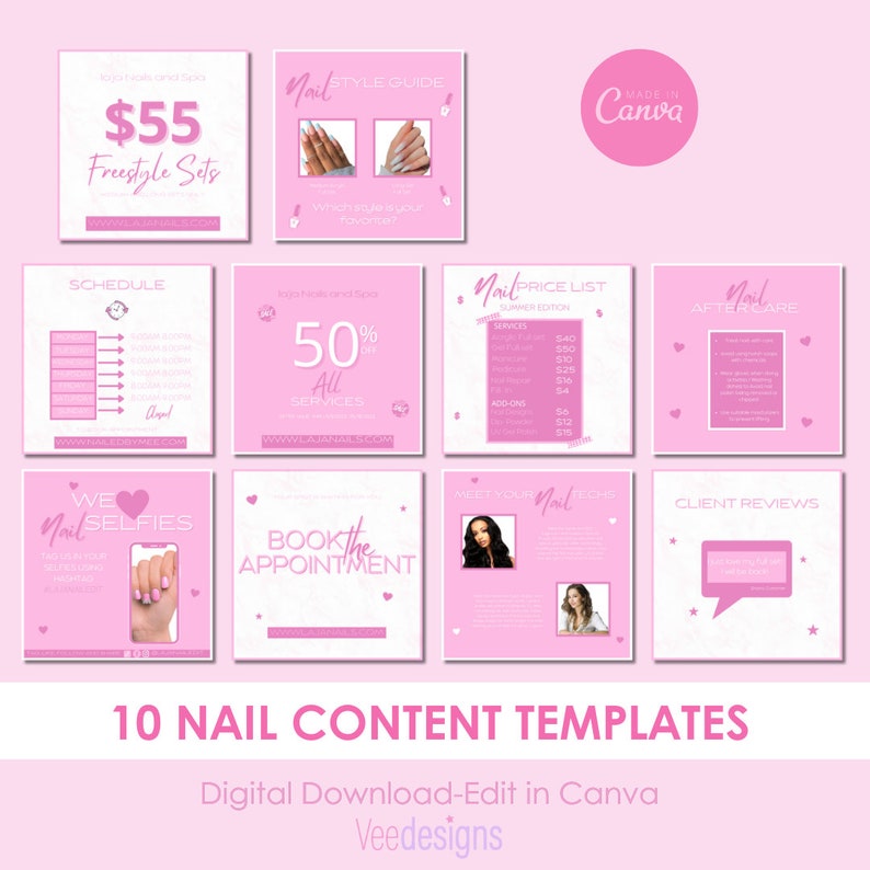 May include: A collection of 10 pink nail content templates. The templates include a price list, style guide, and appointment booking information. The text includes "Freestyle Sets" and "Nail Selfies". The templates are designed to be edited in Canva.