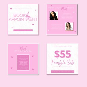 May include: A pink and white promotional graphic for a nail salon. The graphic includes text that says "Book the Appointment", "Meet Your Nail Techs", "Nail After Care", and "$55 Freestyle Sets". The website address is also included.