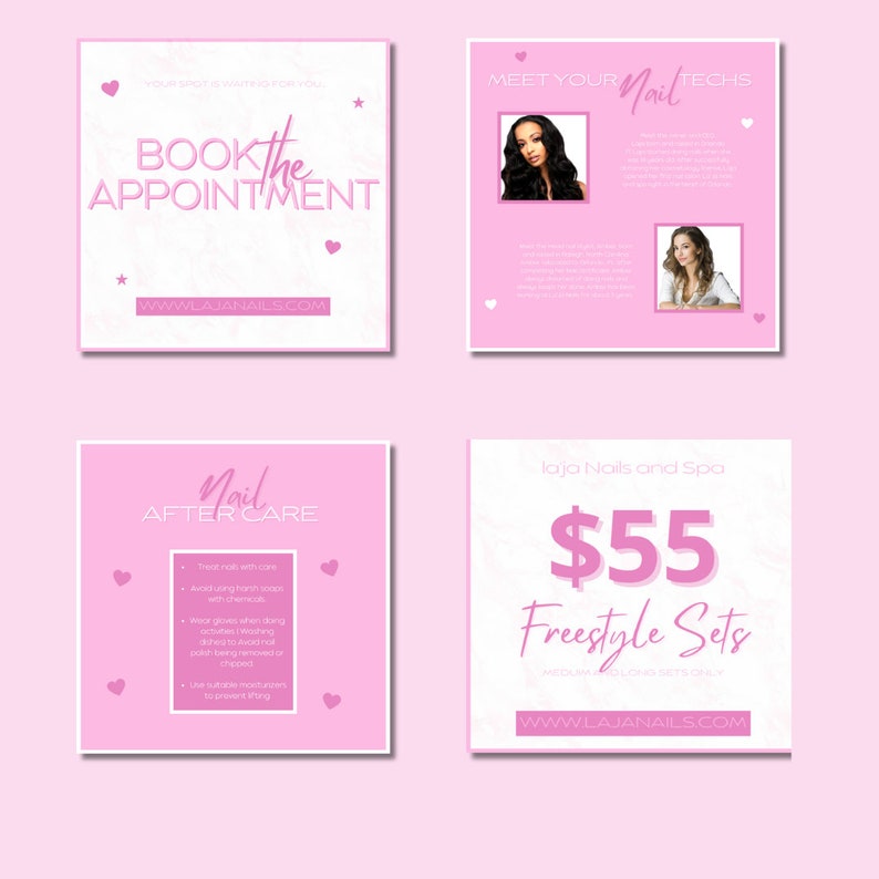 May include: A pink and white promotional graphic for a nail salon. The graphic includes text that says "Book the Appointment", "Meet Your Nail Techs", "Nail After Care", and "$55 Freestyle Sets". The website address is also included.