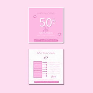 May include: Two pink square advertisements for a nail salon. The top ad says "laja Nails and Spa" with "50% OFF All SERVICES" and a website. The bottom ad shows a schedule with hours and a website.
