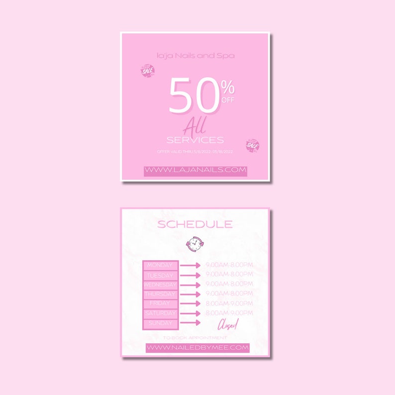 May include: Two pink square advertisements for a nail salon. The top ad says "laja Nails and Spa" with "50% OFF All SERVICES" and a website. The bottom ad shows a schedule with hours and a website.