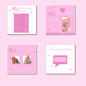 May include: A pink graphic with four panels promoting nail services. The panels include a price list, a call to share nail selfies, a style guide with nail art examples, and client reviews. The text includes "Nail" and "Summer Edition".