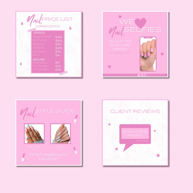 May include: A pink graphic with four panels promoting nail services. The panels include a price list, a call to share nail selfies, a style guide with nail art examples, and client reviews. The text includes "Nail" and "Summer Edition".