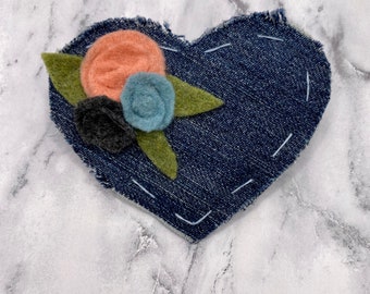 Denim Heart Brooch with Flowers, Upcycled Jean Heart Pin, Valentine's Day Gift, Handmade Fabric Pin