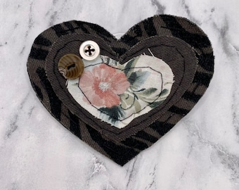 Denim Heart Brooch, Upcycled Jean Heart Pin, Valentine's Day Gift, Handmade Fabric Pin