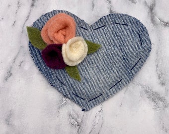 Denim Heart Brooch with Flowers, Upcycled Jean Heart Pin, Valentine's Day Gift, Handmade Fabric Pin