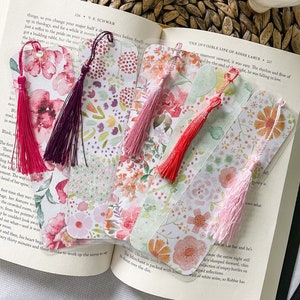 Double-Sided Laminated Bookmarks with Tassels - Floral Collection - Multi Colored Watercolor Designs, Reversible Patterns, Matching Tassels