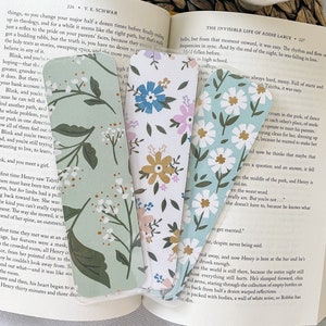 Laminated Bookmarks- Double-Sided Floral Designs in Green, Blue, and Pink - Gold Foil Accents - Botanical Garden - Unique Handmade Bookmarks