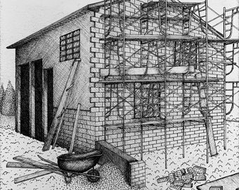 May include: Pen and ink illustration of a building under construction. The brick structure is surrounded by scaffolding. A wheelbarrow, bricks, and a ladder are visible. The artist's signature, "JaspersArts," is at the bottom.