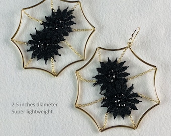 May include: A pair of gold-toned earrings with black lace accents. The earrings are shaped like a spiderweb and are 2.5 inches in diameter. The description says "Super lightweight".