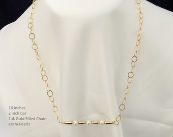 Gold and Pearl Bar Necklace