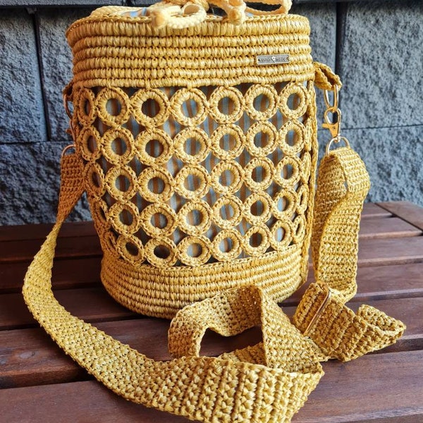 Borsa progetto fatto a mano uncinetto ferri project bag handmade crochet knitting raffia naturale di viscosa