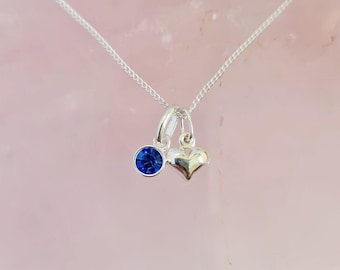 Sapphire Birthstone Necklace: Sterling Silver Heart, Swarovski Crystal