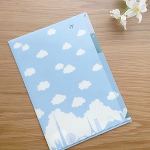 Peut inclure: Un classeur en plastique bleu clair avec un motif de nuages blancs et une silhouette de ville en bas. Le classeur a trois onglets étiquetés I et II.