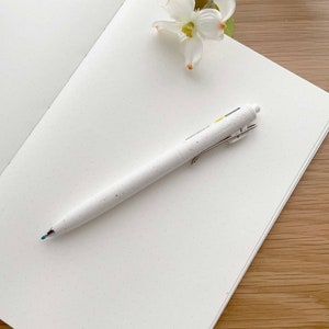 May include: A white notebook with a white pen on top of it. The notebook has a dotted grid pattern. The notebook is open to a blank page. The pen has a blue tip and a white body with black lettering. The notebook and pen are on a wooden surface.