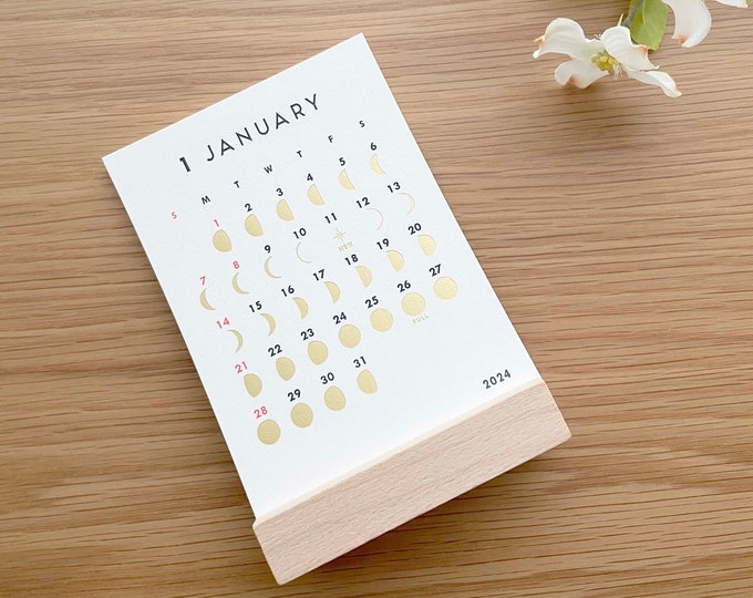 2024 Letterpress Desk Calendar With Stand Moon Phases Gold Foil 1 Pc Etsy