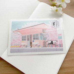 Carte postale - Chats Tabineko en fleurs de cerisier - Pause gare - 1 pièce