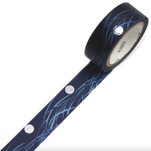 May include: A roll of navy blue washi tape with a silver dot pattern and a blue abstract design. The tape is labeled "SAIEN". This decorative tape is ideal for scrapbooking, journaling, and craft projects.