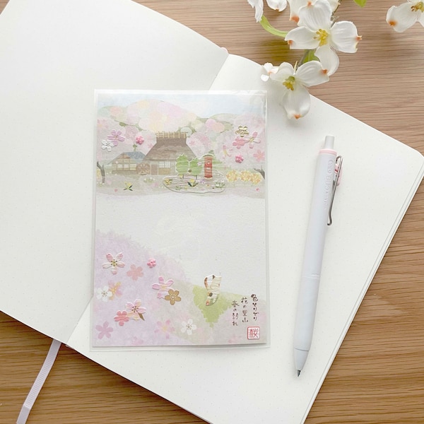 Washi 3D Postcard - Cherry Blossoms and a Cat - Visiting Town - Gold Foil and Rhinestone - 1 pc