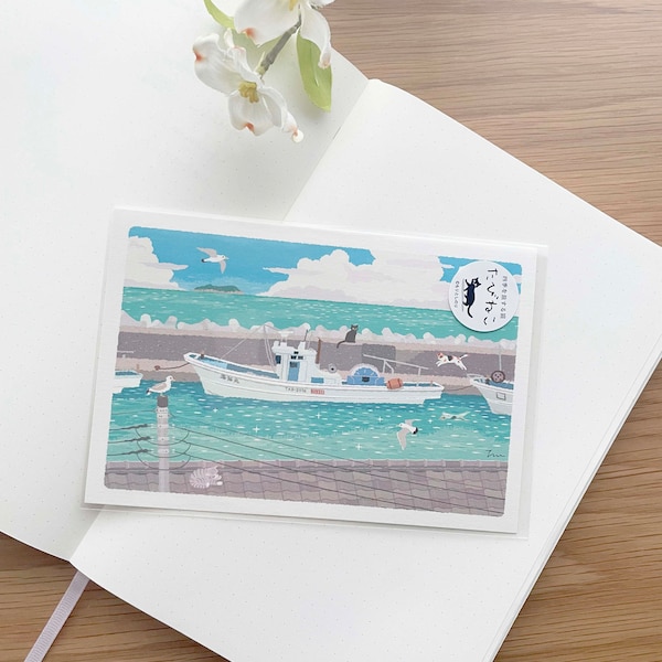 Postcard - Tabineko Traveling Cats - Seaside Town Boat - 1 pc
