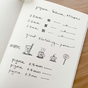 May include: A notebook page with handwritten notes about Pigma Sakura Micron pens. The notes list the different sizes of the pens, 0.5 mm, 0.4 mm, and 0.3 mm, and describe them as "great sketching pens".