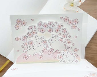 Greeting Card - Spring Cherry Blossoms - 3D Pop-Up Rabbits by Schinako Moriyama - 1 pc