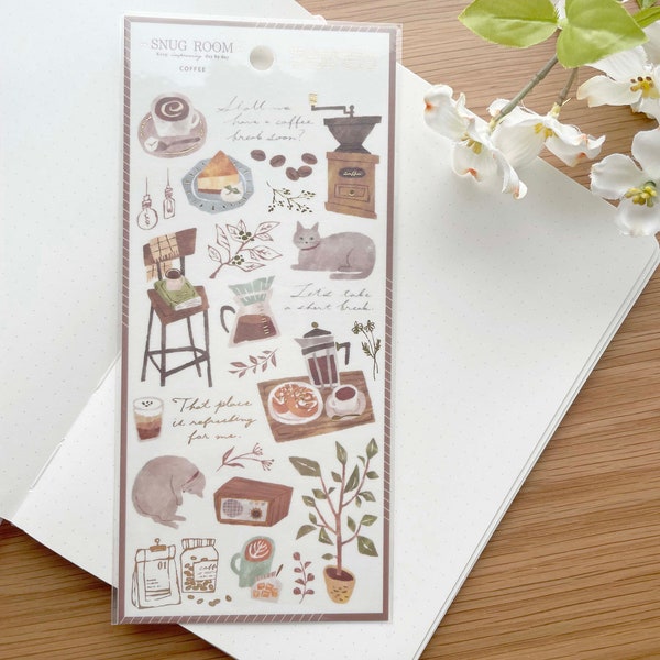 Washi Sticker with Gold Foil - Snug Room - Coffee - Cat - 1 sheet