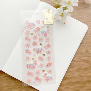Sticker - Papier washi - Fleurs de sakura Mont Fuji avec feuille d'or - 1 pièce