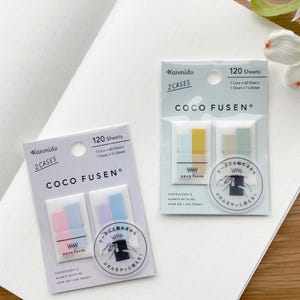 May include: Two packs of colorful sticky notes, each pack containing 60 sheets. The sticky notes are in pastel colors and have the text "COCO FUSEN" and "ww coco fusen" printed on them. The packaging also includes the text "Kanmido 2 CASES 120 Sheets 1 Case = 60 Sheets 1 Sheet = 7x24mm COCO FUSEN®".