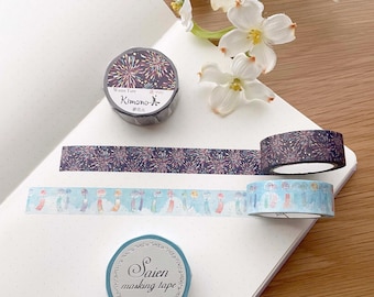 Saien Washi Tape - 15mm - Summer Wind chimes / Kimono Fireworks with metallic foil - 1 pc