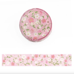 Ruban adhésif décoratif en Washi BGM -15 mm - Fleurs roses sakura - Feuille d'or - 1 pièce
