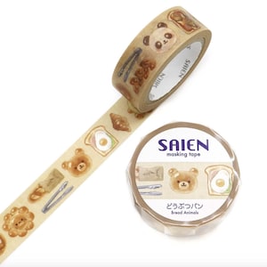 May include: A roll of masking tape with a repeating pattern of cute bread and animal illustrations. The tape features a panda, bear, toast, and other food items. The tape roll has the text "SAIEN" and "Bread Animals".