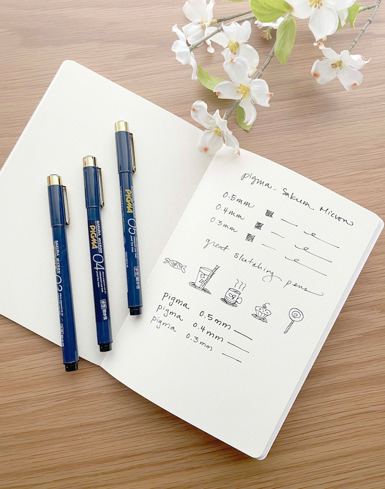 May include: Three blue Sakura Pigma Micron pens with gold accents and black ink. The pens are labeled 0.3mm, 0.4mm, and 0.5mm. The pens are on a white notebook with handwritten notes about the pens and their uses.