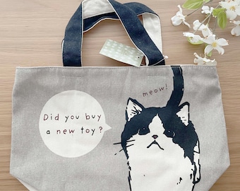 Cotton Canvas Handbag Tote - Black and White Cat- 1 pc