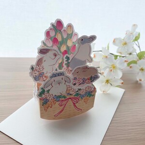Carte de voeux - Printemps - Panier pop-up 3D - Lapins par Schinako Moriyama - 1 pièce