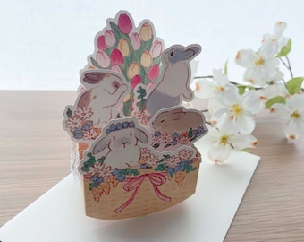 Greeting Card - Spring Time - 3D Pop-Up Basket - Rabbits by Schinako Moriyama - 1 pc